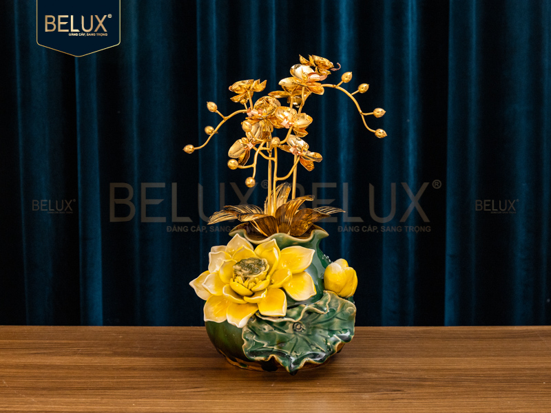 Chậu Lan Sen Tam Phúc mạ vàng 24k cao 35cm